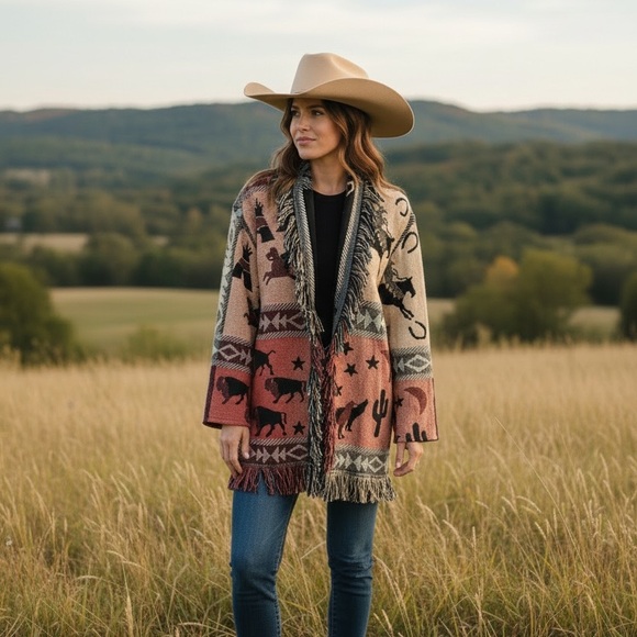 WRAPPER VINTAGE NATIVE WESTERN TAPESTRY FRINGE WRAP BLANKET COAT JACKET SIZE OS - Picture 15 of 15